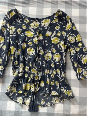 Angels Navy Floral Peplum Tie-Front Blouse